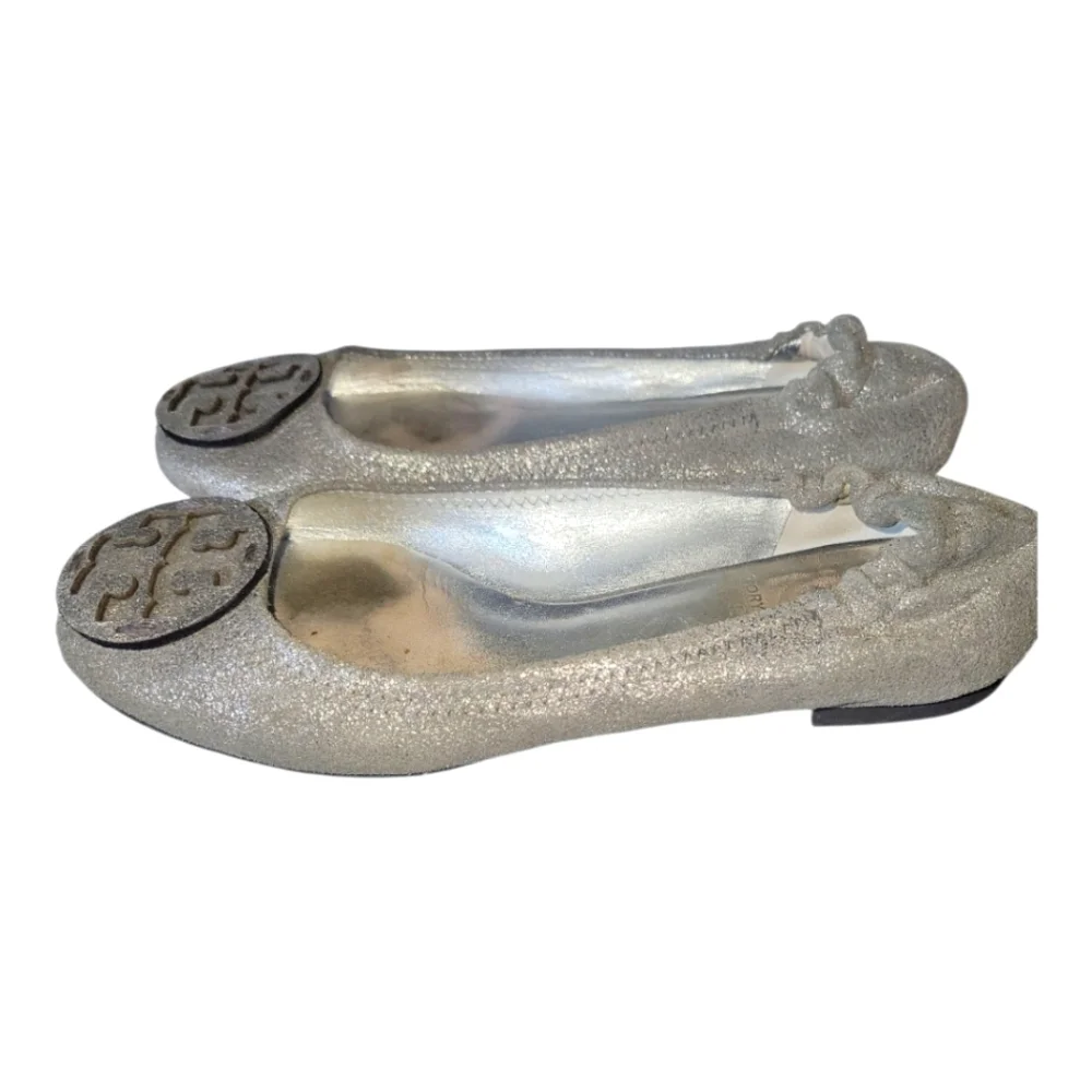 Tory Burch Women's Reva Mettalic Shimmer Silver Leather Ballet Flats Sz 6 1/2 M